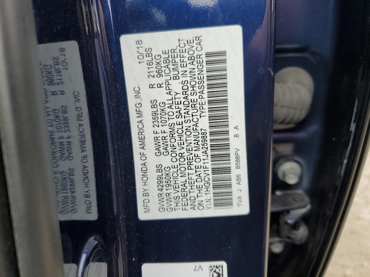 1HGCV1F11JA259887 HONDA ACCORD 2018