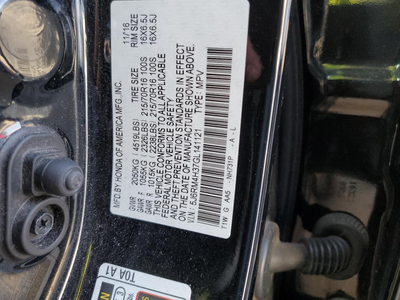 5J6RM4H37GL141121 HONDA CRV 2016