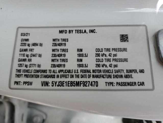 5YJ3E1EB5MF927470 Tesla MODEL 3