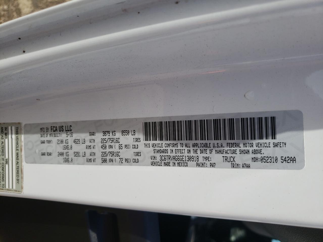 2016 Ram Promaster 1500 1500 Standard VIN: 3C6TRVAG6GE130918 Lot: 51141455