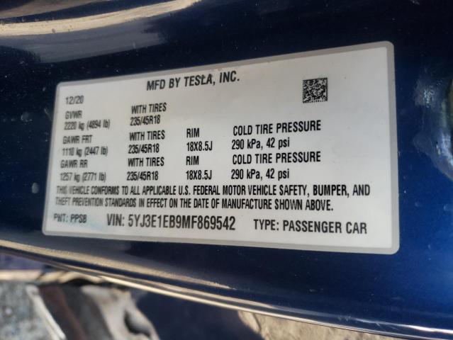 5YJ3E1EB9MF869542 Tesla MODEL 3