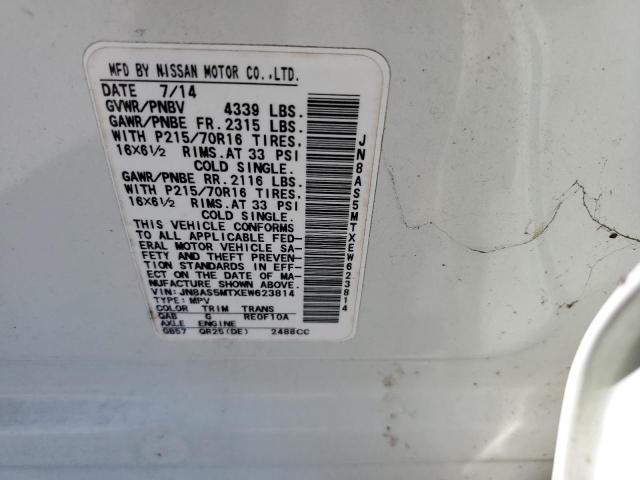 JN8AS5MTXEW623814 Nissan Rogue Select S