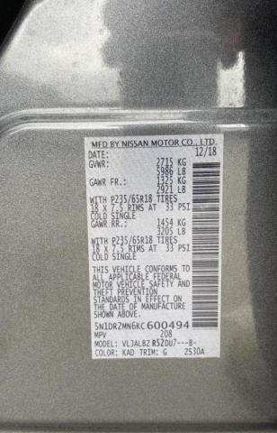 5N1DR2MN6KC600494 Nissan Pathfinder S