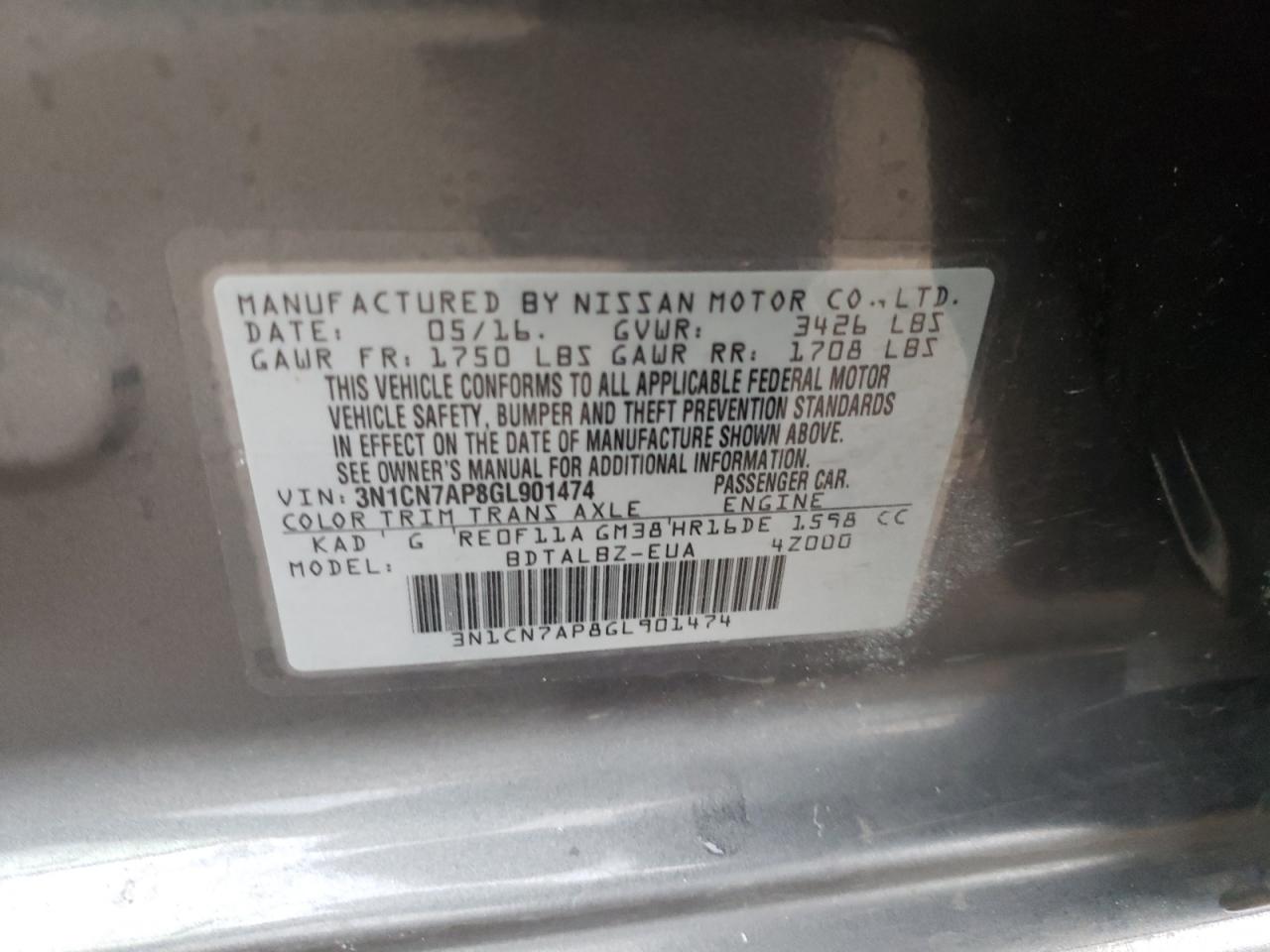 3N1CN7AP8GL901474 NISSAN VERSA 2016