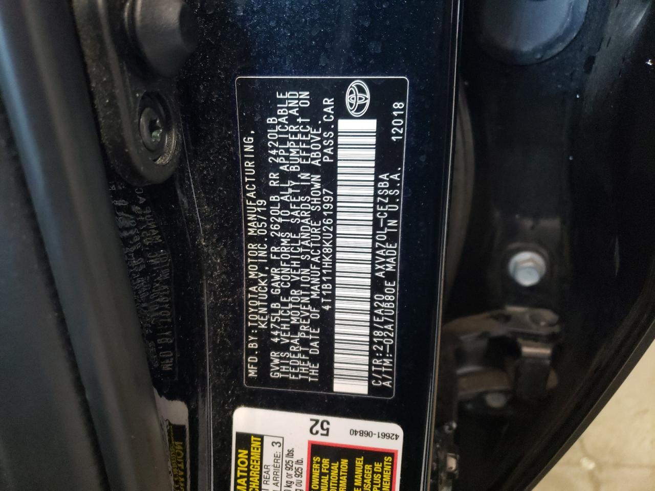 4T1B11HK8KU261997 TOYOTA CAMRY 2019