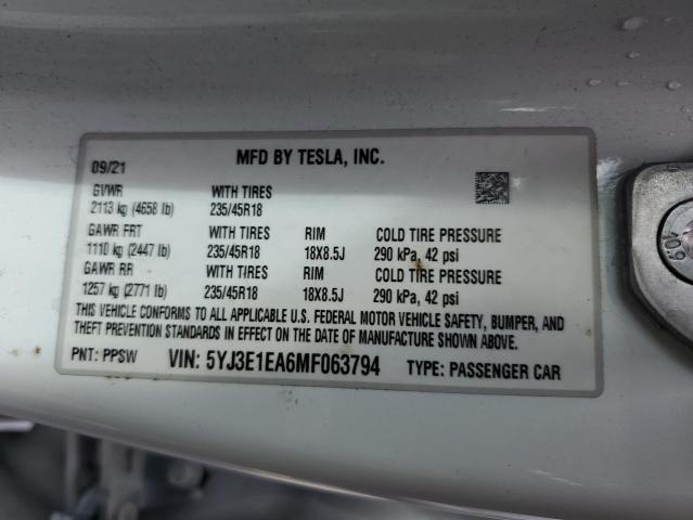 5YJ3E1EA6MF063794 Tesla MODEL 3