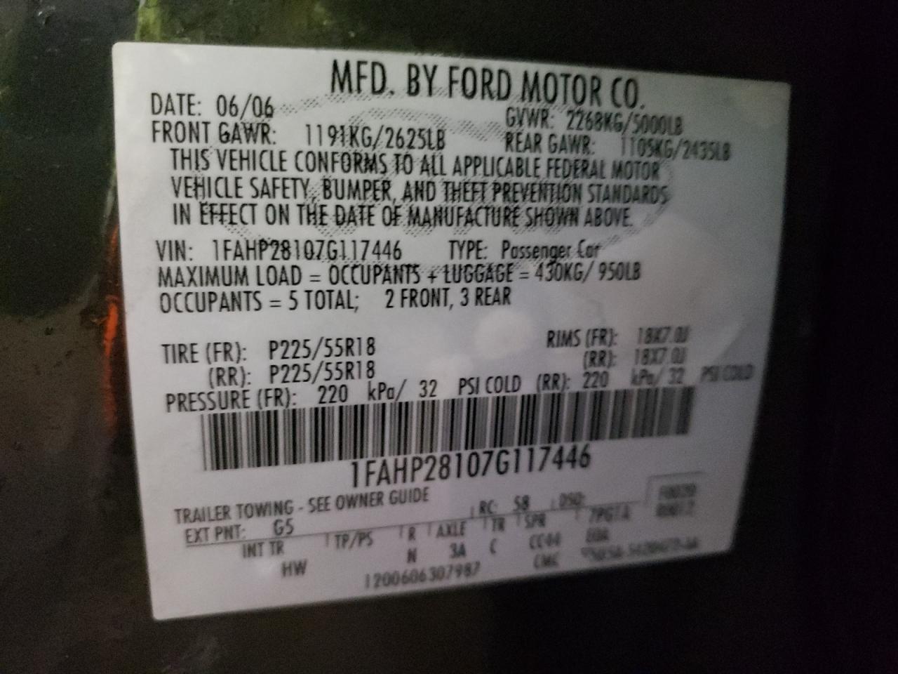 2007 Ford Five Hundred Limited VIN: 1FAHP28107G117446 Lot: 45675393