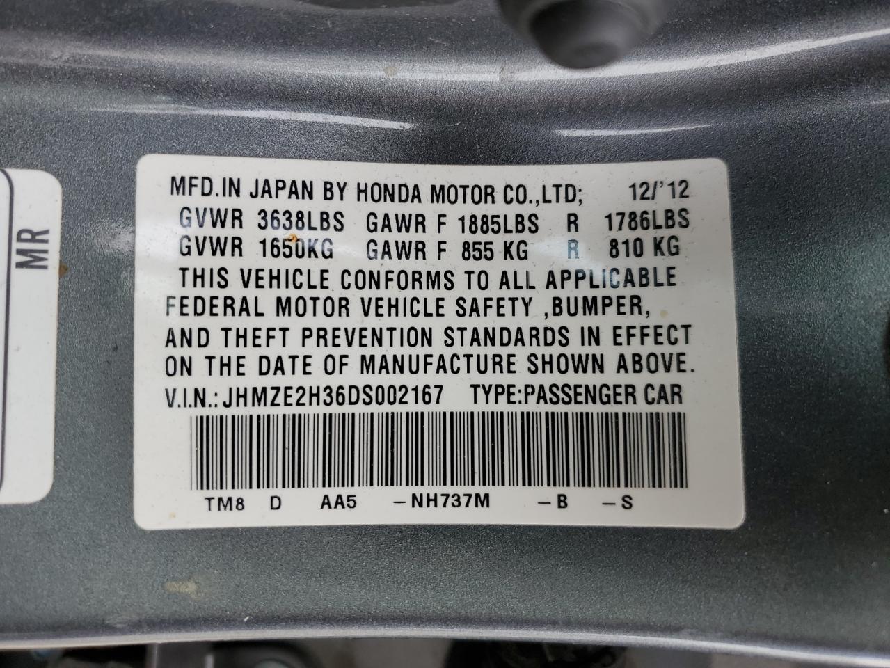 JHMZE2H36DS002167 2013 Honda Insight