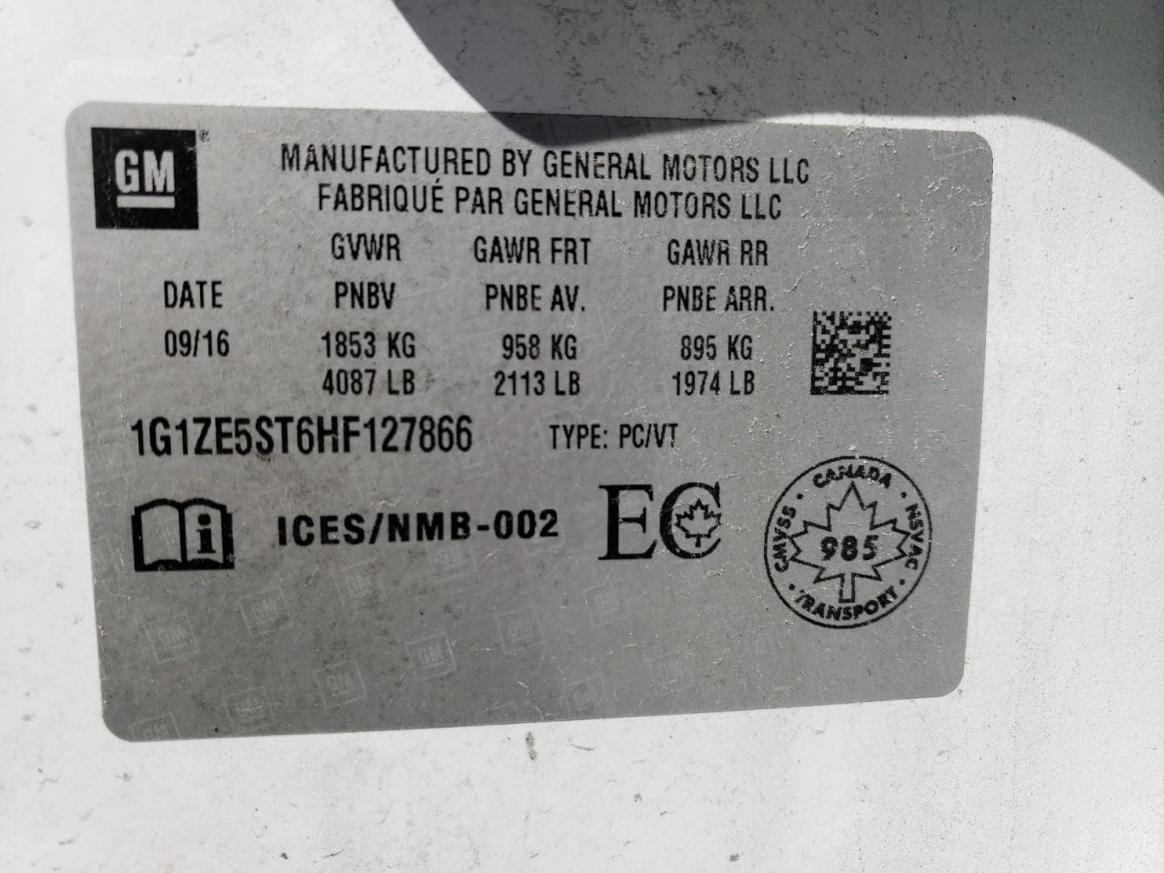 2017 Chevrolet Malibu Lt VIN: 1G1ZE5ST6HF127866 Lot: 60895425