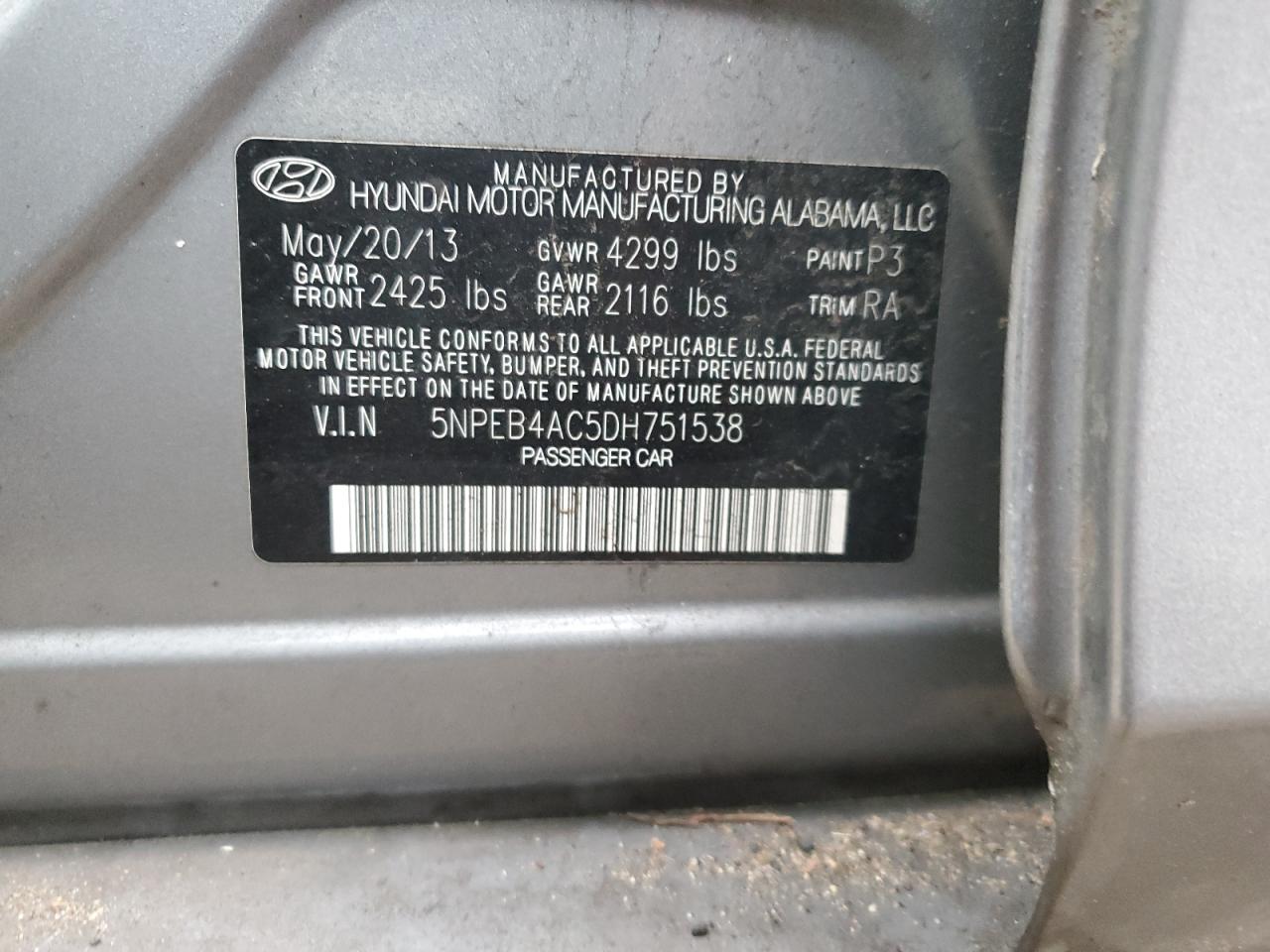 5NPEB4AC5DH751538 2013 Hyundai Sonata Gls