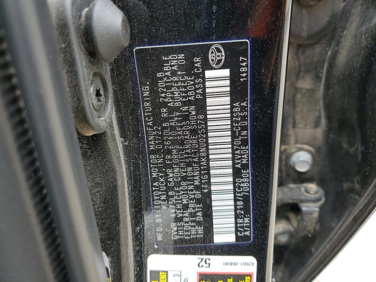 4T1G11AK8NU025578 TOYOTA CAMRY 2022
