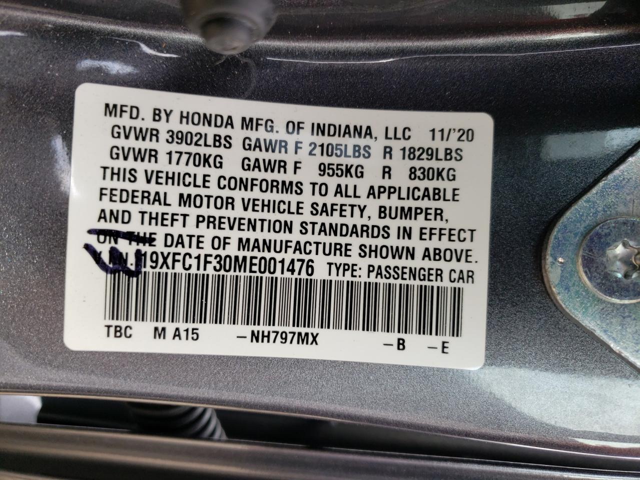 19XFC1F30ME001476 HONDA CIVIC 2021