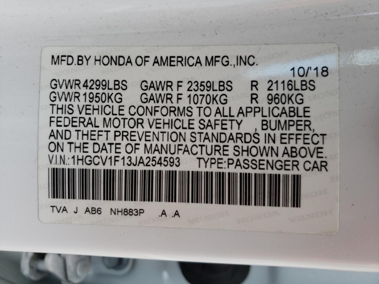 1HGCV1F13JA254593 2018 Honda Accord Lx