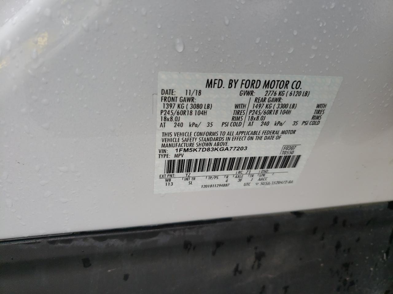 1FM5K7D83KGA77203 FORD EXPLORER 2019
