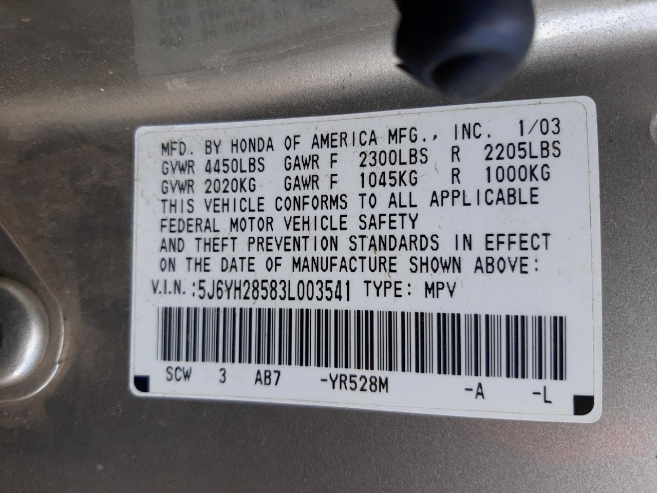 2003 Honda Element Ex VIN: 5J6YH28583L003541 Lot: 58246513