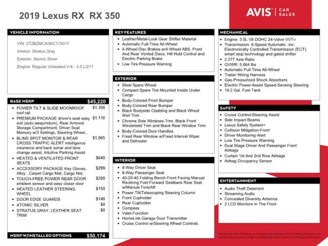 2019 LEXUS RX 350 BAS - 2T2BZMCA3KC175017
