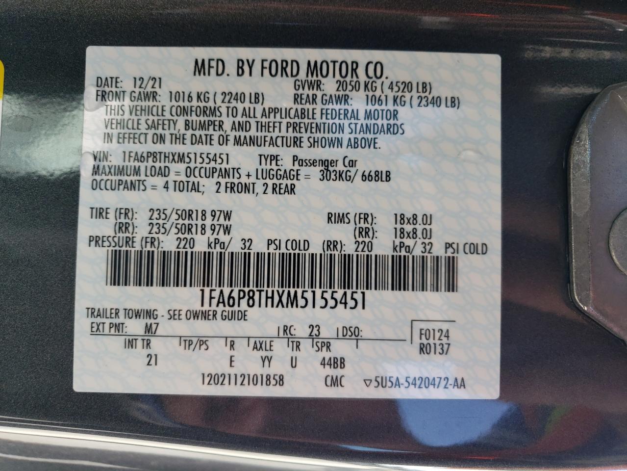 1FA6P8THXM5155451 FORD ALL Models 2021