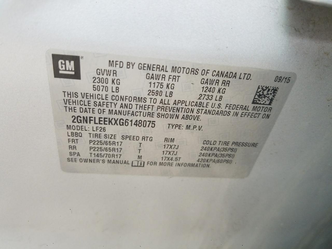 2GNFLEEKXG6148075 CHEVROLET EQUINOX 2016