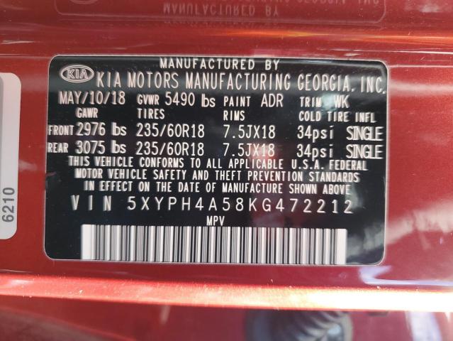 5XYPH4A58KG472212 KIA SORENTO EX