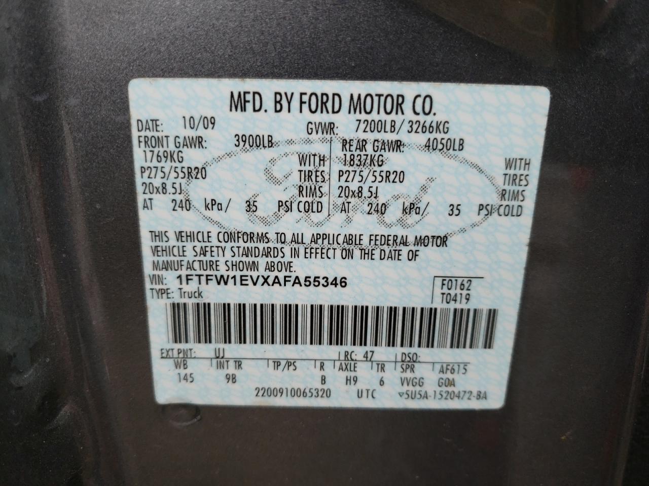 1ftfw1evxafa55346 1FTFW1EVXAFA55346 2010 Ford F150 Supercrew