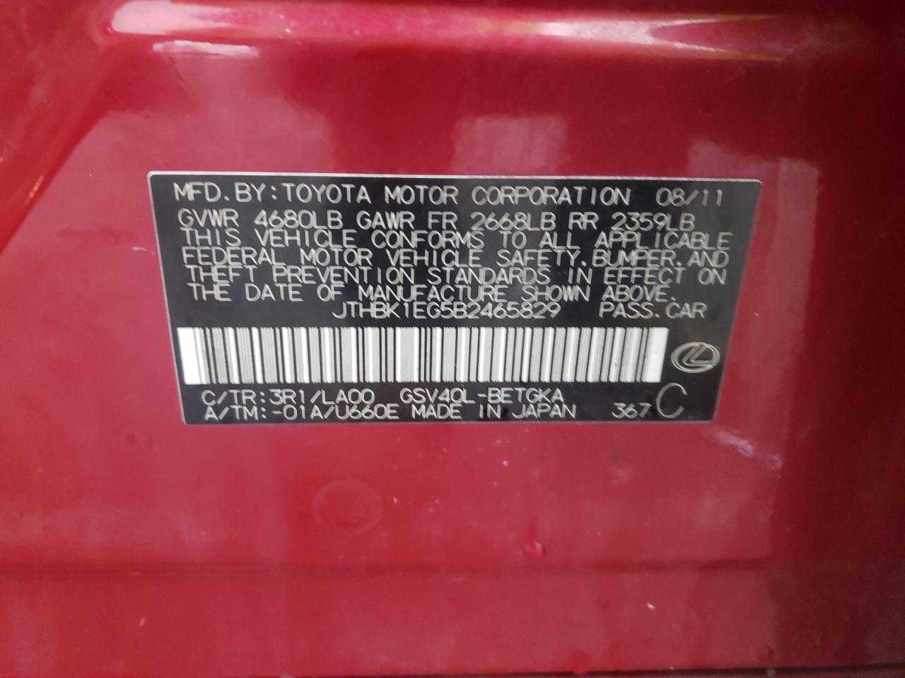 JTHBK1EG5B2465829 2011 Lexus Es 350