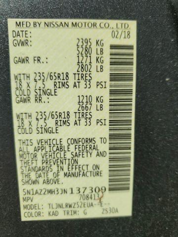 5N1AZ2MH3JN137309 Nissan MURANO S