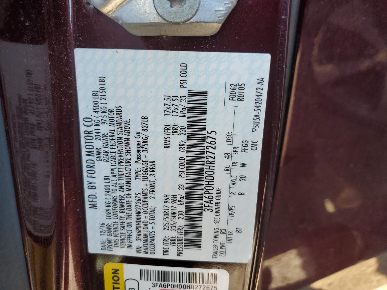 3FA6P0HD0HR272675 FORD FUSION 2017