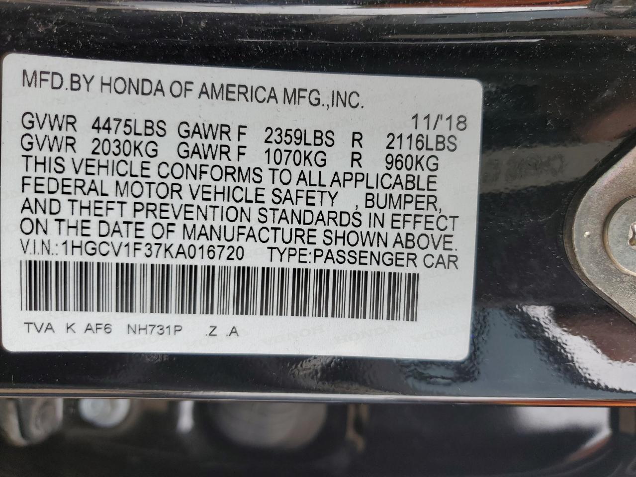 1HGCV1F37KA016720 HONDA ACCORD 2019