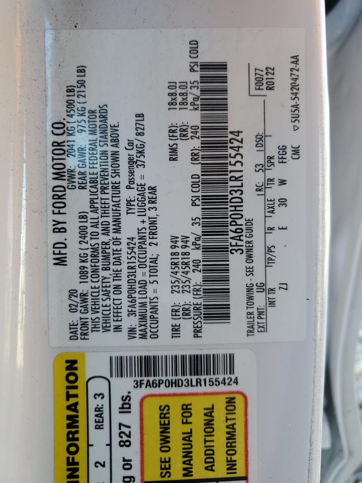3FA6P0HD3LR155424 FORD FUSION 2020