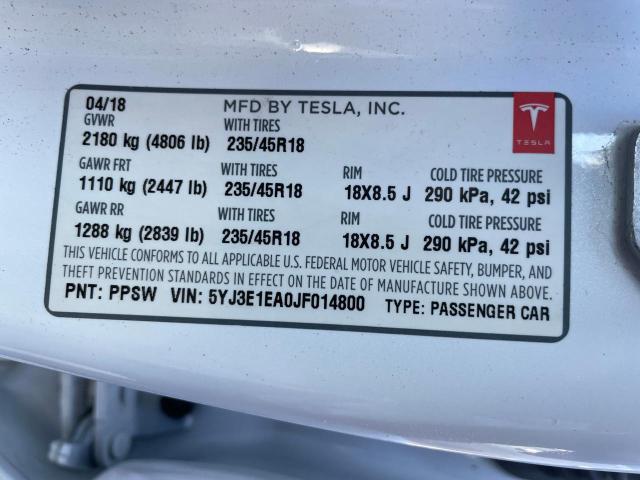 5YJ3E1EA0JF014800 Tesla MODEL 3