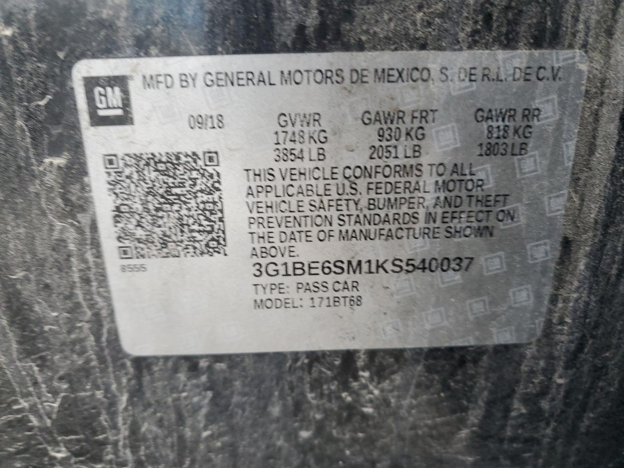 3G1BE6SM1KS540037 CHEVROLET CRUZE 2019