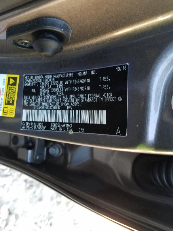 2016 TOYOTA HIGHLANDER 5TDJKRFH8GS350497