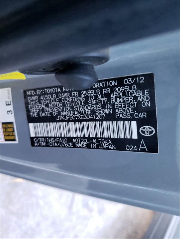 2012 TOYOTA SCION TC JTKJF5C7XC3041207