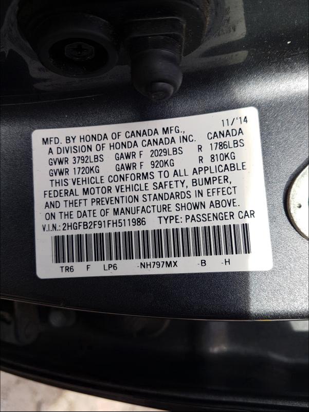 2015 HONDA CIVIC EXL 2HGFB2F91FH511986