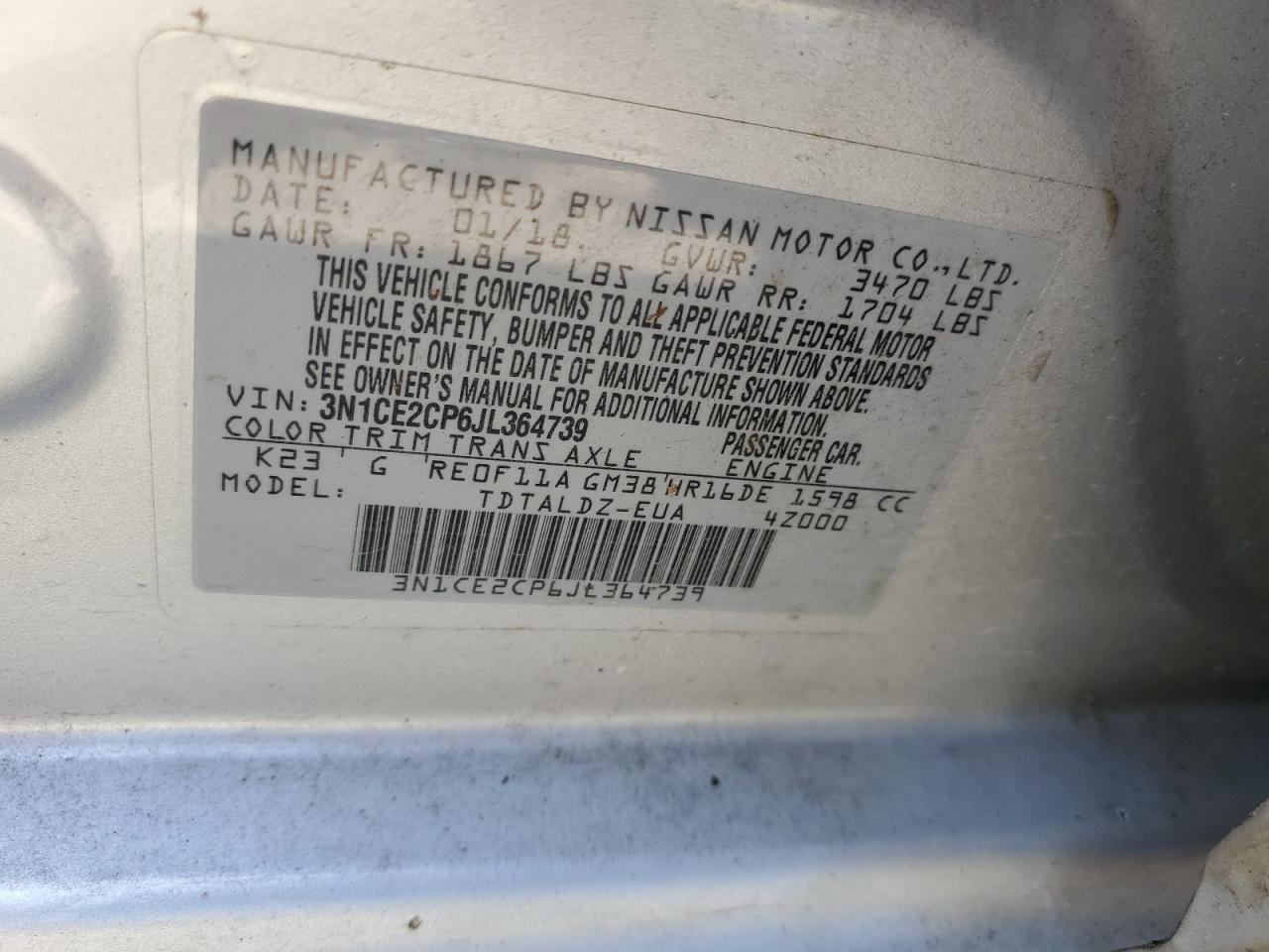 3N1CE2CP6JL364739 NISSAN VERSA 2018