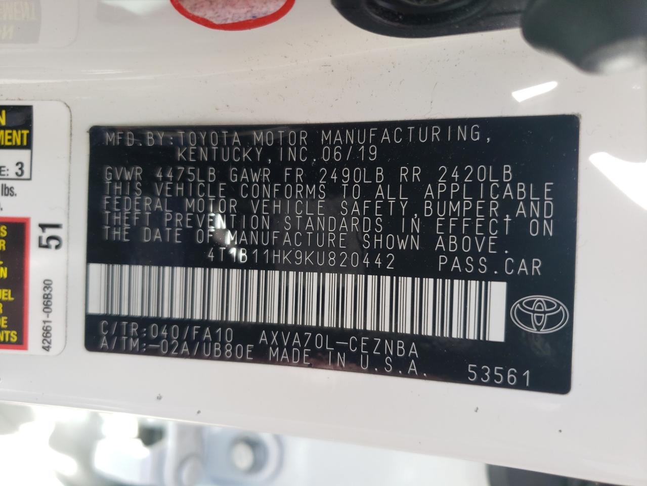 4T1B11HK9KU820442 TOYOTA CAMRY 2019