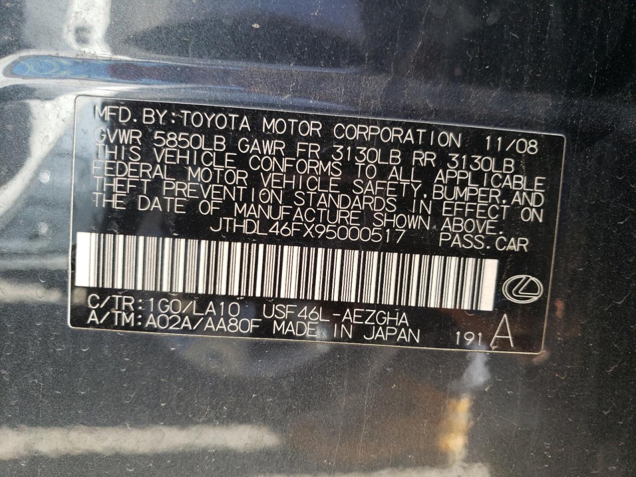 2009 Lexus Ls 460L VIN: JTHDL46FX95000517 Lot: 46428633