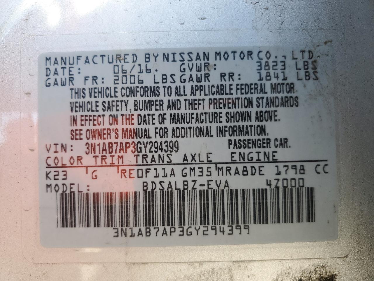3N1AB7AP3GY294399 NISSAN SENTRA 2016