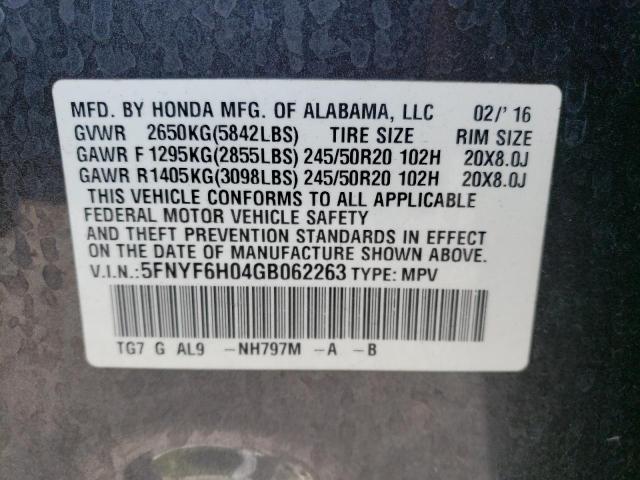 2016 HONDA PILOT ELIT - 5FNYF6H04GB062263