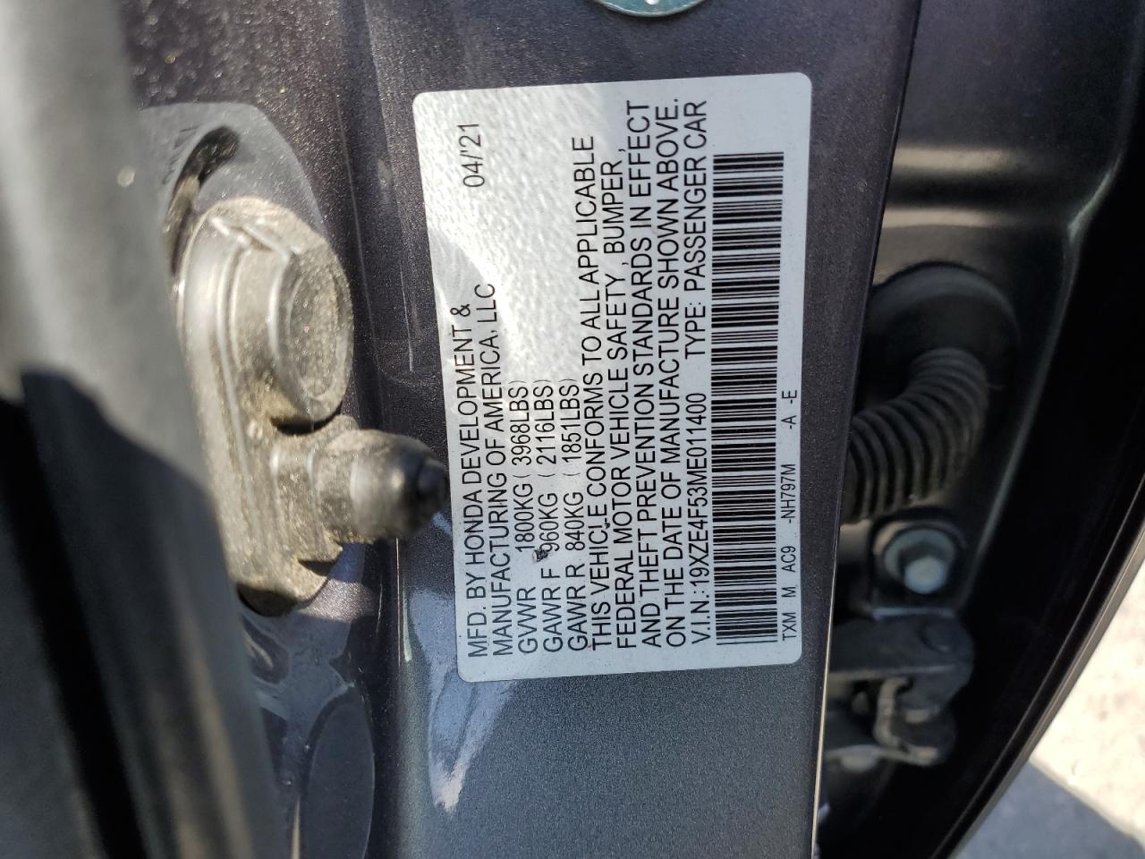 2021 Honda Insight Ex VIN: 19XZE4F53ME011400 Lot: 46268273