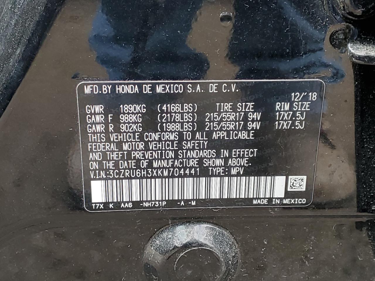 3CZRU6H3XKM704441 HONDA HR-V 2019
