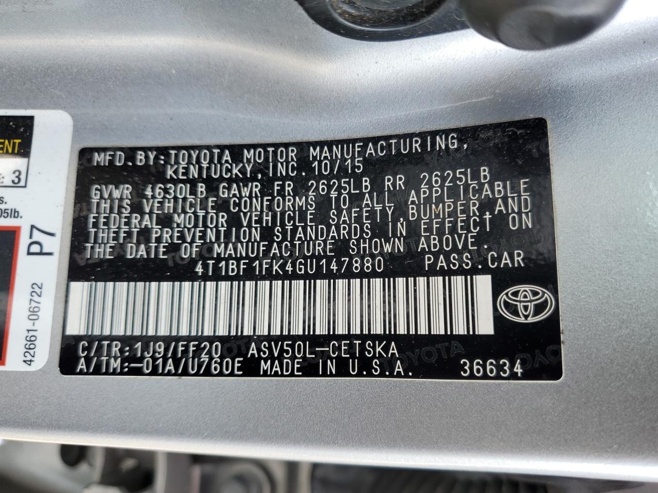 4T1BF1FK4GU147880 TOYOTA CAMRY 2016