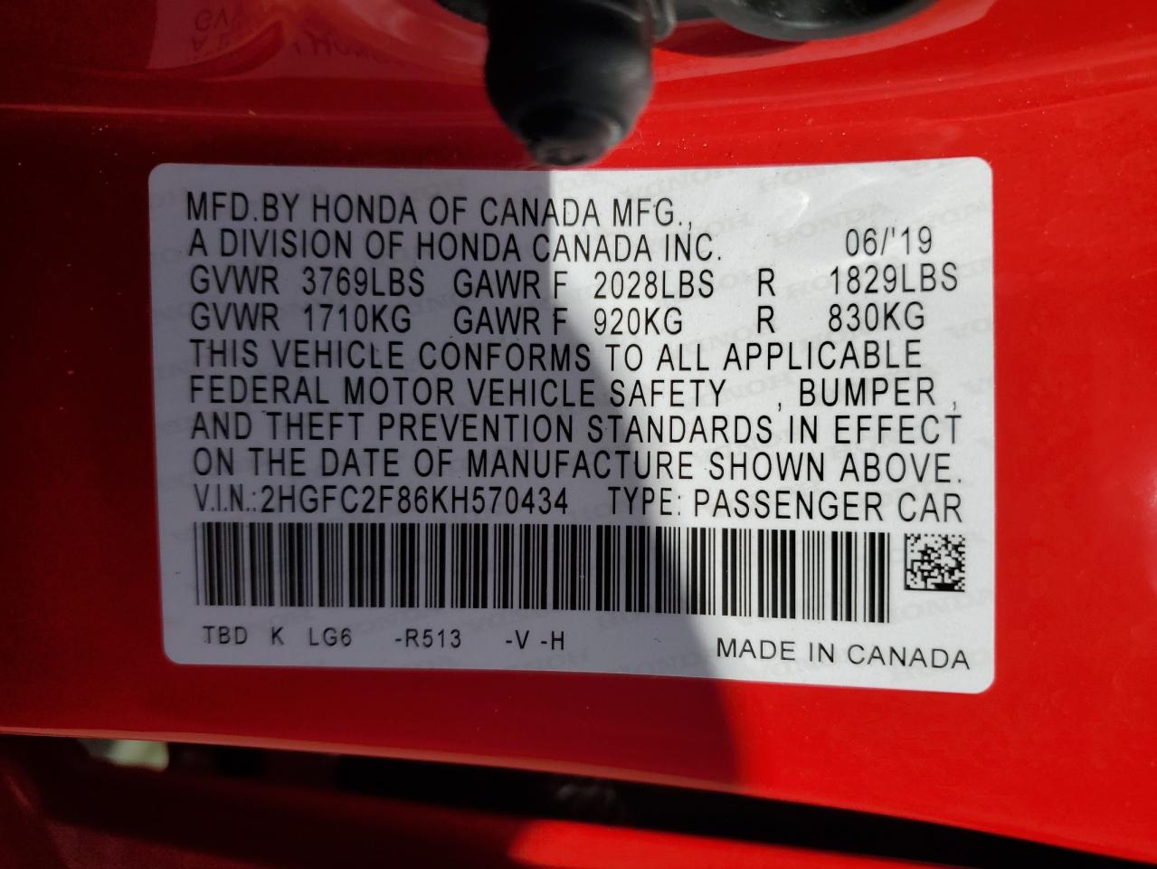 2HGFC2F86KH570434 HONDA CIVIC 2019