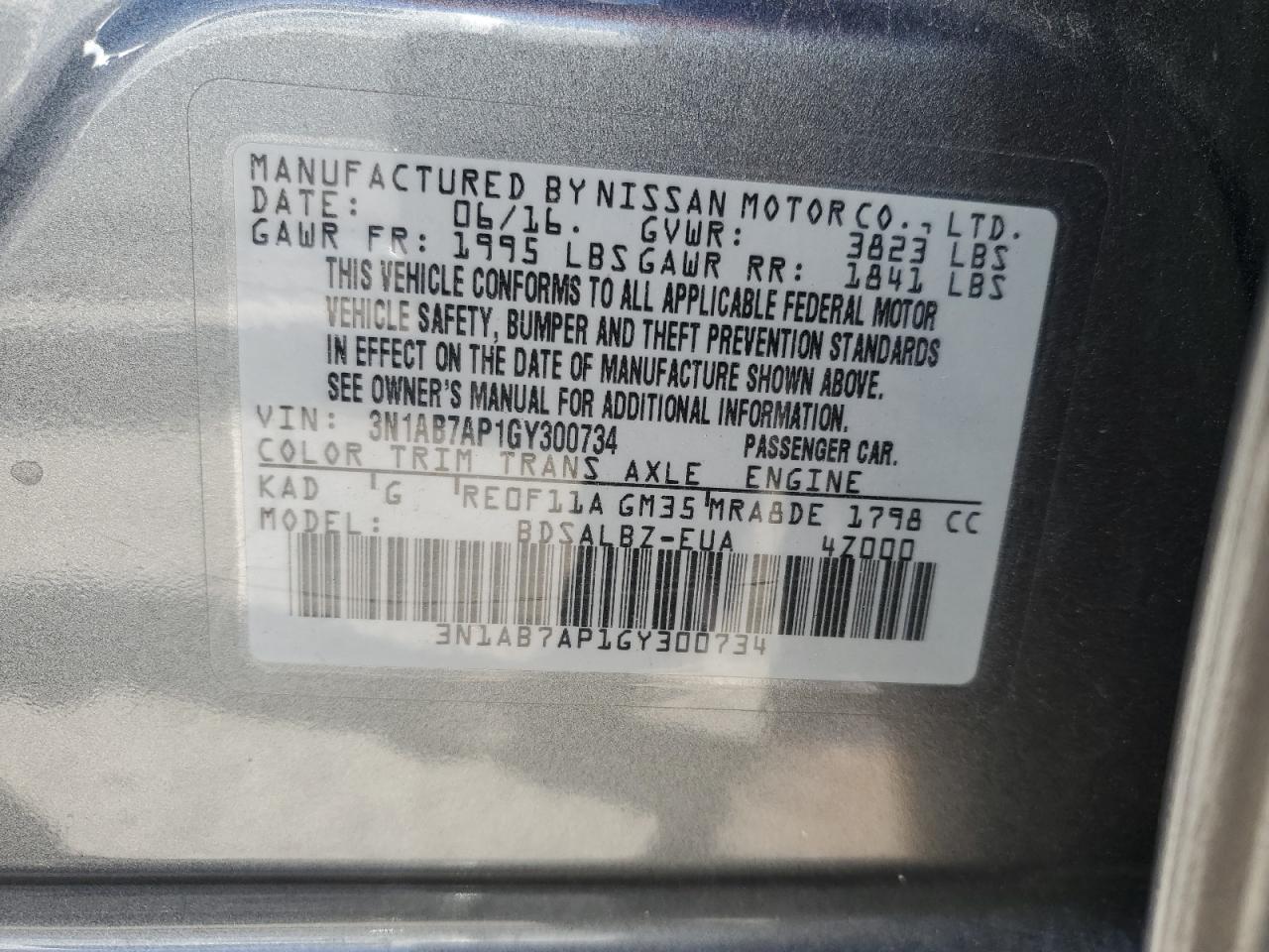 3N1AB7AP1GY300734 NISSAN SENTRA 2016