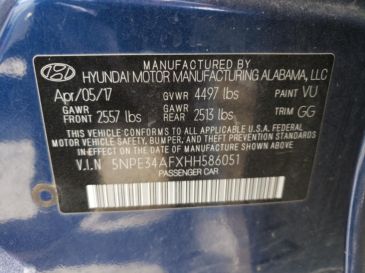 VIN 5NPE34AFXHH586051 2017 HYUNDAI SONATA no.12