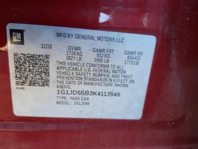 2019 CHEVROLET SONIC LT - 1G1JD5SB3K4113949
