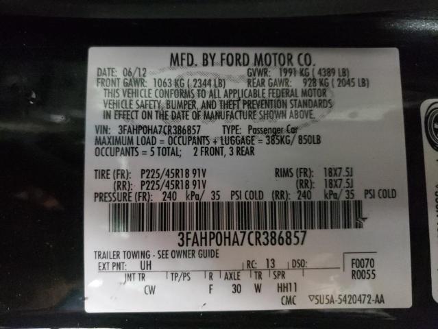 2012 Ford Fusion Se VIN: 3FAHP0HA7CR386857 Lot: 46782723