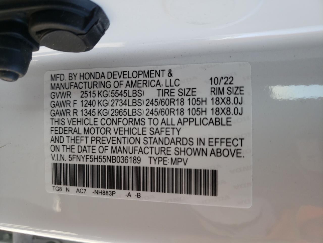 5FNYF5H55NB036189 HONDA PILOT 2022