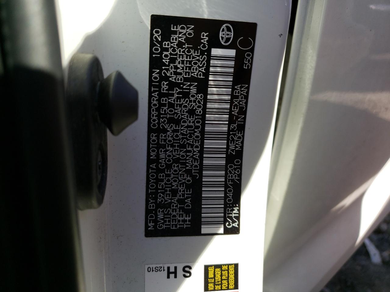 VIN: JTDEAMDE0MJ018028 2021 TOYOTA COROLLA