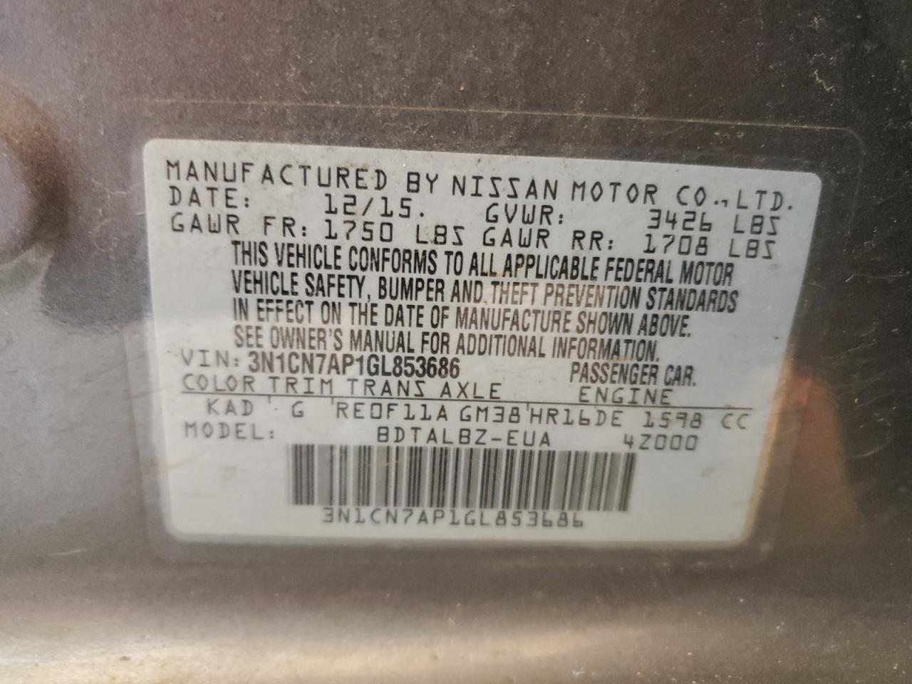 3N1CN7AP1GL853686 NISSAN VERSA 2016